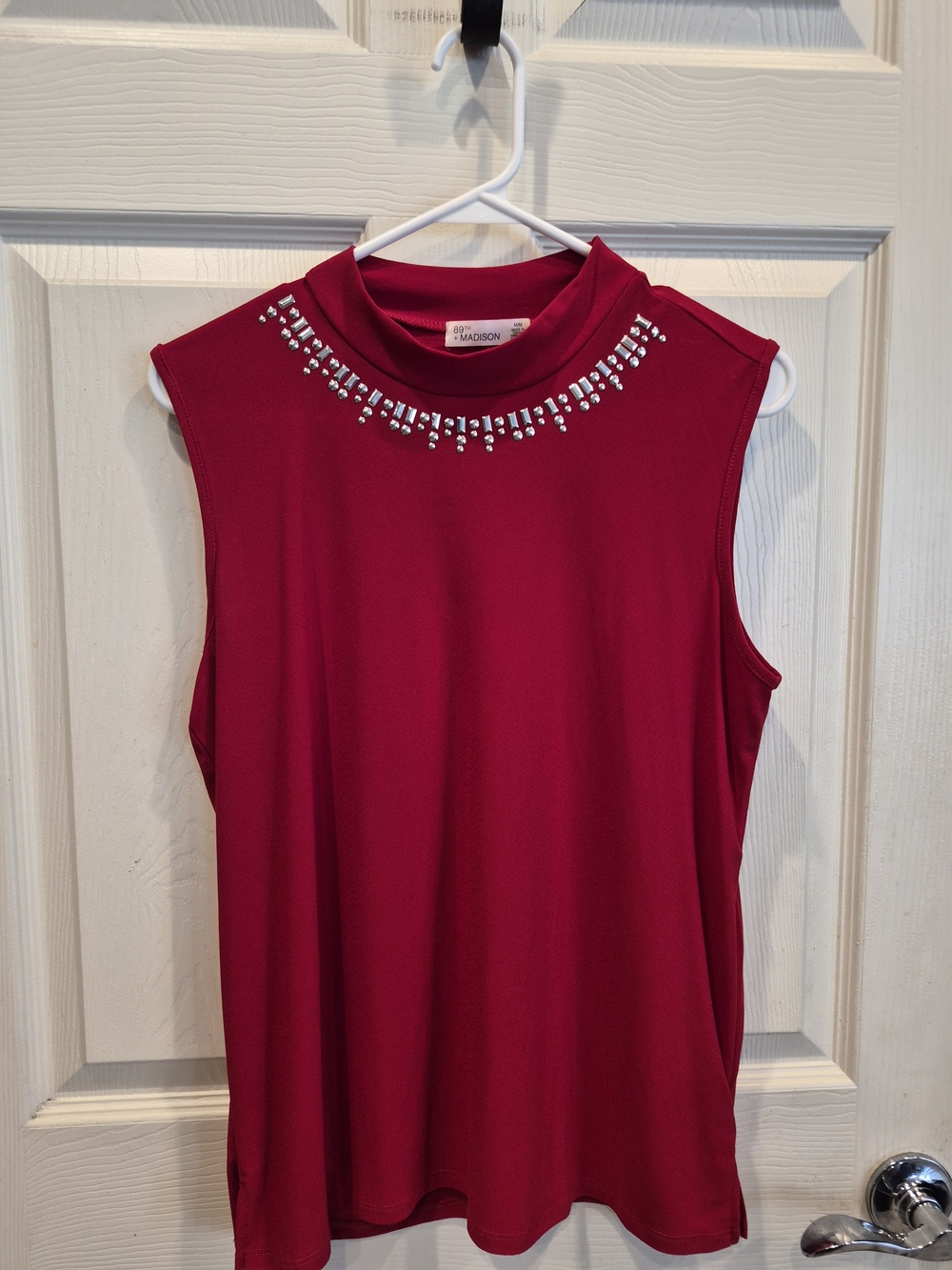 Jewel-Embellished Sleeveless Mock Neck Top